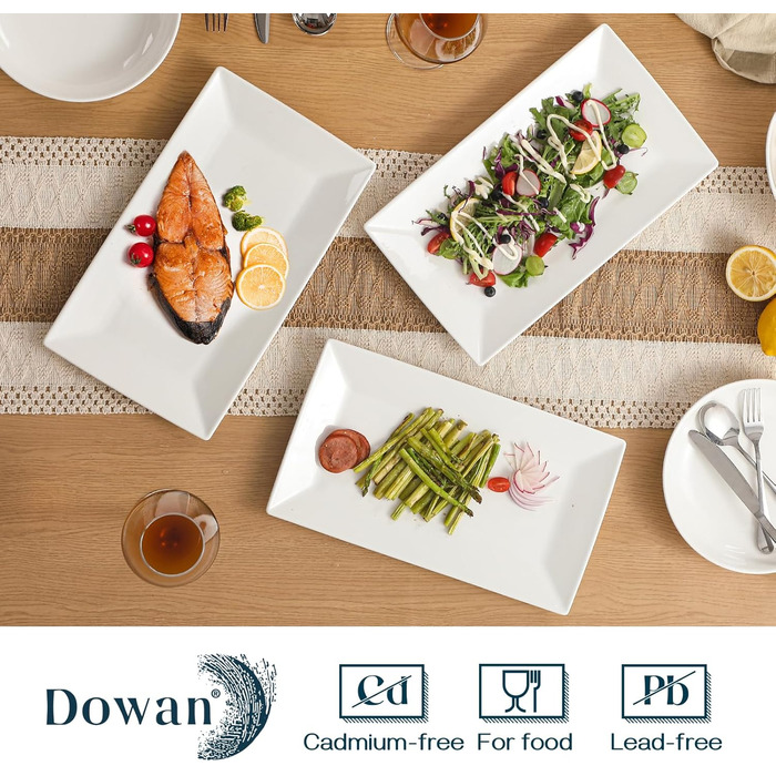 DOWAN Rectangular Serving Platter, Porcelain 35.6 x 20.3 cm, Rectangular Porcelain Plates, Dinner Plates for Meat, Fish, Sushi, Dish, etc. Natural White, 3 Pieces