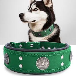 Leather Dog Collar, 5 cm Wide Robust Genuine Leather Collar, Handcrafted, Soft and Luxurious, Striking Best Choice for Large and Medium Dog Breeds (42-52 cm, green)