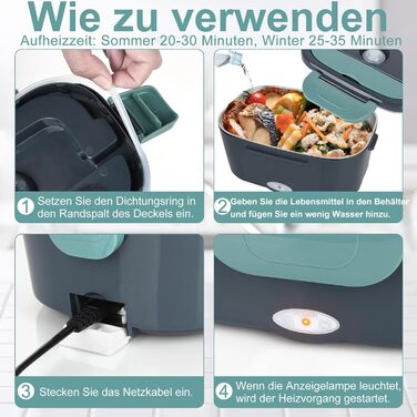 Електрична ланчбокс 1.5л для дорослих, 80W, з термосумкою та столовими приборами, нержавіюча сталь, блакитна, для авто/офісу