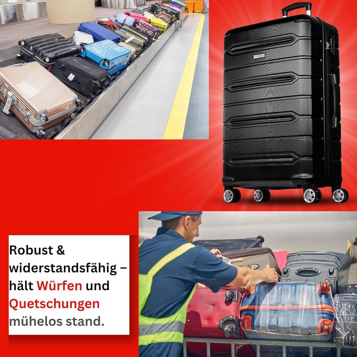 Чемодан NOWI Rhodos – 3-секційний, жорсткий, з ABS, кодований замок, 4 колеса, розширюваний, 360° обертання – валіза на 4 колесах, розміри M, L, XL (Чорний, XL)