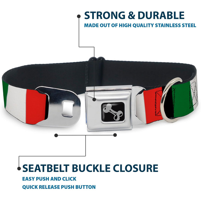 Нашийник для собак Buckle-Down з пряжкою Italy Flags, 2.5 см (1 дюйм) ширина, розмір M (11-17 дюймів)