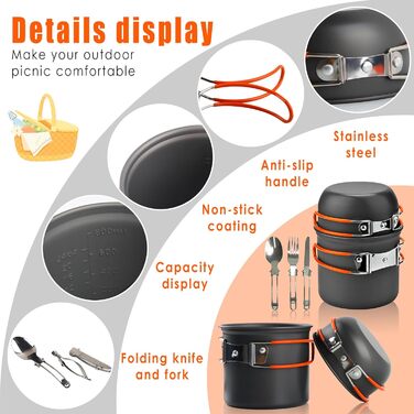 Набір посуду для кемпінгу та приготування їжі на природі (1-2 особи), легкий, для туризму та подорожей