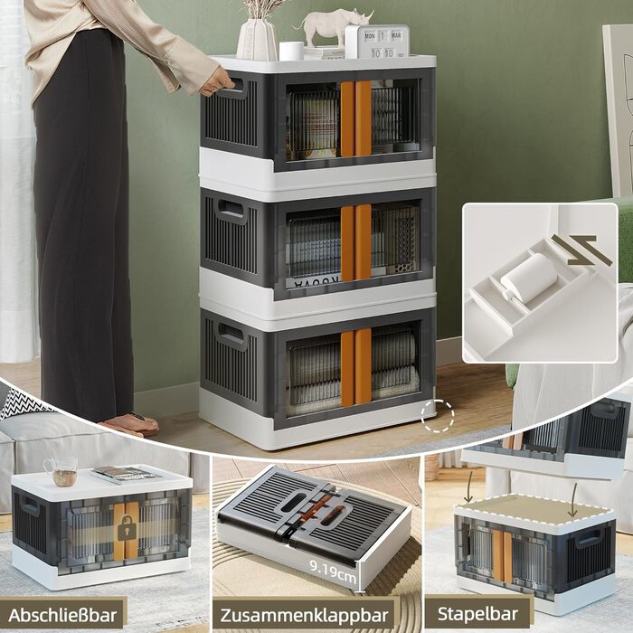 NETEL Storage Box with Lid Large, Stackable Storage Boxes 72L 4 Pack, Plastic Storage Boxes, Transparent Stackable Boxes with Lid, Foldable Storage Box with Door and Wheels