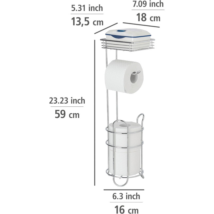 Підставка для туалетного паперу WENKO 3в1 з полицею та держателем рулонів - срібна, 16 x 59 x 18 см