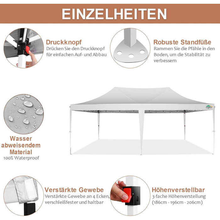 COBIZI Pavilion 3x3 Waterproof Stable Winter-Proof Party Tent 3x3 with 4 Side Walls Pop Up Folding Pavilion UV Protection 50+ Garden Pavilion With Handbag, 8X Pegs and 4X Wind Rope, (White, 3x6 m)