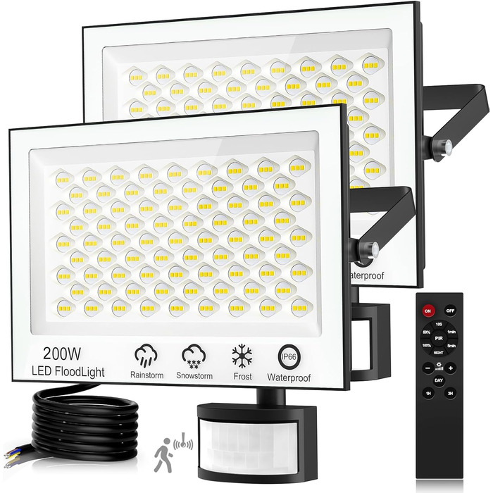 Viugreum LED Floodlight with Motion Sensor 20000lm Outdoor IP66 Waterproof Spotlight 6500K Cool White Outdoor Light Floodlight for Garden (200w, 2PCS)