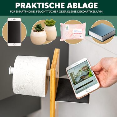Набір для туалету Eluno 4 в 1: щітка, тримач рулонів, полиця, бамбук/метал (білий)