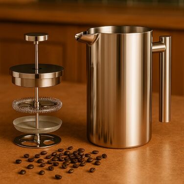 French Press Red Ember 1L з нержавіючої сталі - кавомашина з подвійними стінками, ізольована, нержавіюча, з 3-шаровим фільтром для насиченого смаку, ідеальна для дому та кемпінгу