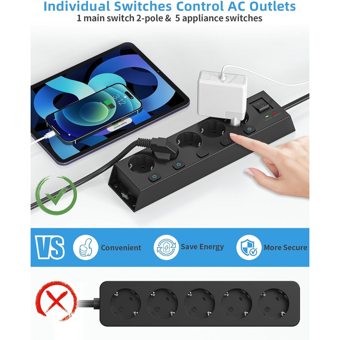 Мережевий фільтр Steckdoseleiste 5-fach з вимикачами, захистом від перенапруги 1050J, для дому та офісу, 2м кабель (чорний)