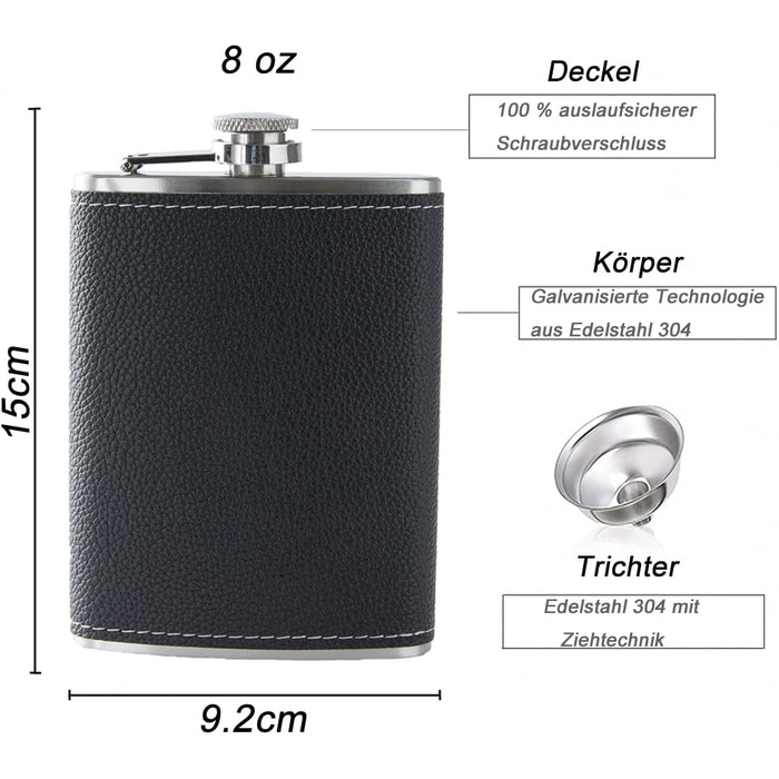 Фляга з нержавіючої сталі 8oz (240 мл) з подарунковим набором: два стакани та воронка. Чорна шкіряна фляга з малюнком лічі. Підходить для алкоголю