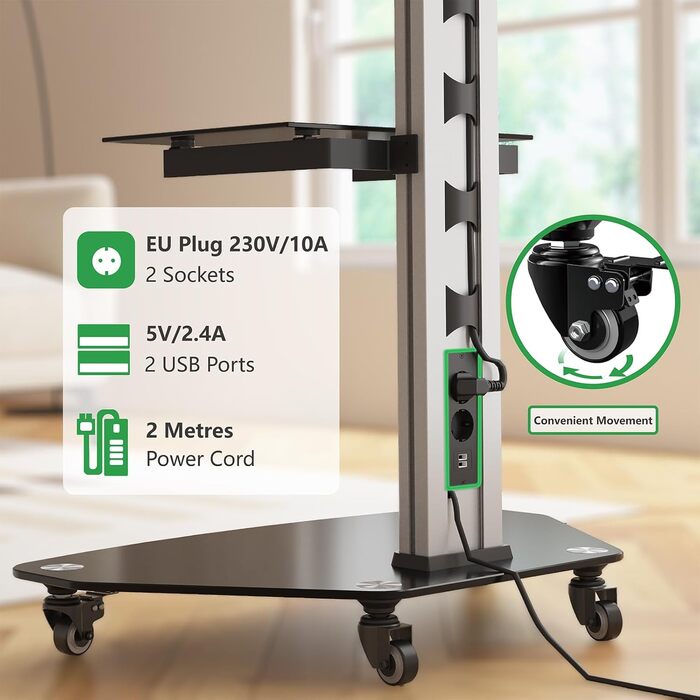 Підставка для телевізора XTRARM Proton 300: регульована висота 191 см, USB-порти, розетки, для телевізорів 32-75 дюймів, чорний алюміній, скляна підставка, максимальне навантаження 40 кг