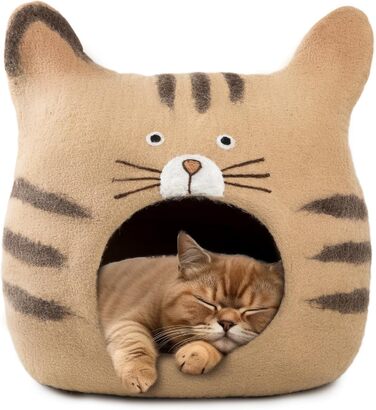 Вуликова хатинка для кота, ручної роботи, з 100% Merino wool, екологічна фетрова хатинка для котів та кошенят (Rainbow Twist) (Обличчя кота - Коричневе, L)