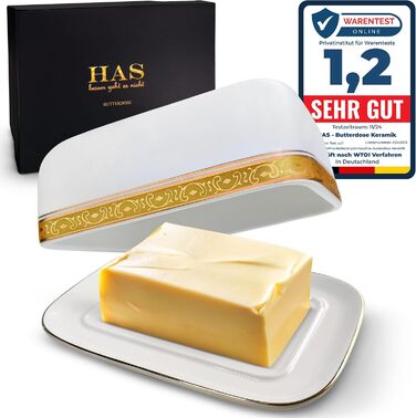 HAS Butterdose Ceramic, white for 250g butter, butter dish and butter bell with a very high-quality gold-rimmed design - butter box and butter crock, butter container for storage, dishwasher safe