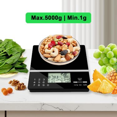 Розумна вага ACCT 5000g для харчування: з кодами продуктів, контролем порцій, для випічки та схуднення. 4 одиниці, функція тарування, батарейки
