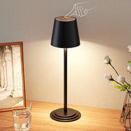 Настільна лампа бездротова акумуляторна 5200mAh, металева, з димером та регулюванням висоти, чорна з дерев'яними елементами для дому та кемпінгу