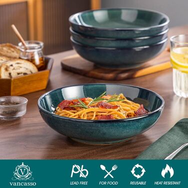 Набір тарілок для супу Vancasso Bonbon (6 шт.), супові миски з кераміки, 21,7 x 5,5 см, великі глибокі тарілки для пасти, локшини, рамен, салату, придатні для миття в посудомийній машині та використання в мікрохвильовій печі (зелені)