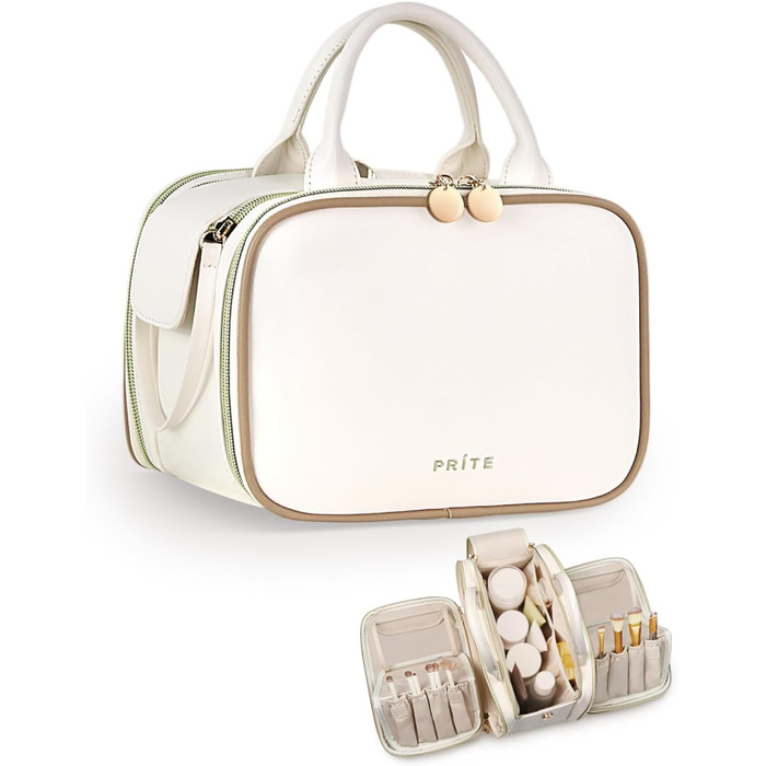 Косметичка для макіяжу великої місткості з кількома відділеннями, водонепроникна, з ручкою, бежева