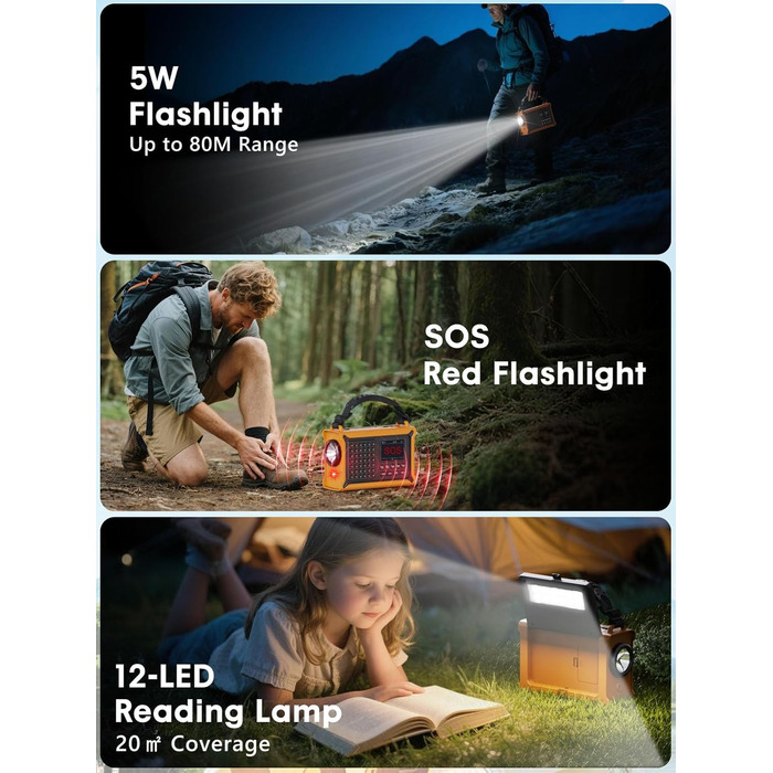 ROCAM Радіоприймач на ручку DAB+/UKW, портативне аварійне радіо з сонячною панеллю 8500 мм² та ручкою 650mA, цифрове радіо з Bluetooth, 2.4' кольоровий дисплей, 80 станцій, SOS, LED ліхтарик, USB, IPX6 для кемпінгу (Жовтий)