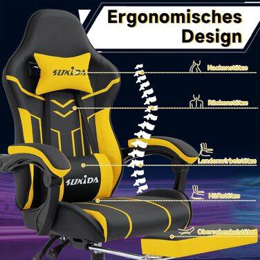 Ігрове крісло SUKIDA Ergonomic Gaming Chair з підніжкою та підтримкою попереку, комп'ютерне офісне крісло (Чорно-жовте)