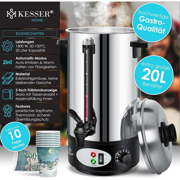 KESSER® Mulled Wine Boiler 8L Stainless Steel Incl. 10x Cups Mulled Wine Cooker with Thermostat Mulled Wine Dispenser Hot Beverage Dispenser Water Boiler Hot Water Dispenser Canning Machine Level Indicator Tap Black (20 Liter / Silver)