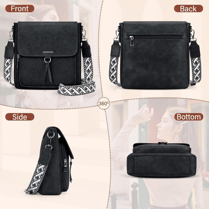 Сумка жіноча RAINSMORE через плече середнього розміру, шкіряна PU, чорна. Кросбоді сумка з широким ременем