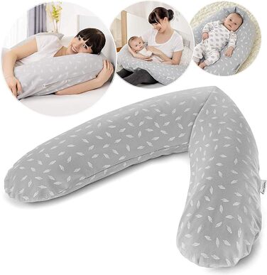 Theraline Original Nursing Pillow & Pregnancy Pillow - 190cm including 100% cotton cover - Filling with quiet micro beads - Positioning pillow, tested for harmful substances - Leaves Grey White