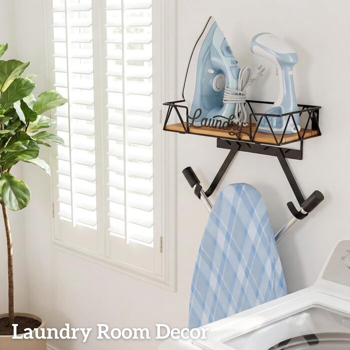 Підставка для прасувальної дошки PERFNIQUE з відкидною конструкцією, знімні гачки (T- та V-подібні), кошик з дерев'яною основою, декор у стилі фермерської кухні, органайзер для прання