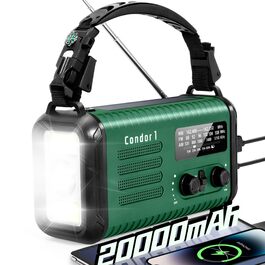 Радіо Kurbelradio 20000mAh сонячне з ручним заводом, AM/FM, SOS, LED-ліхтарик, USB зарядка для телефону, аварійне живлення, зелений
