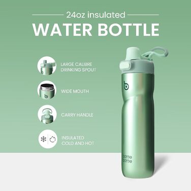 BOTTLE BOTTLE Insulated Water Bottle, 680 ml, with Handle and Flip-Top Lid, Bicycle Water Bottle, Push-Button Lid, Leak-Proof, Portable, for Travel, Sports, Riding, Green