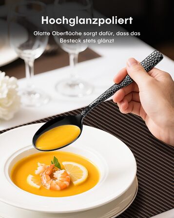 Набір столових приборів Honkku 30 предметів (6 осіб), чорний, з нержавіючої сталі, з об'ємними ручками, набір ножів, виделок та ложок, полірований, придатний для миття в посудомийній машині