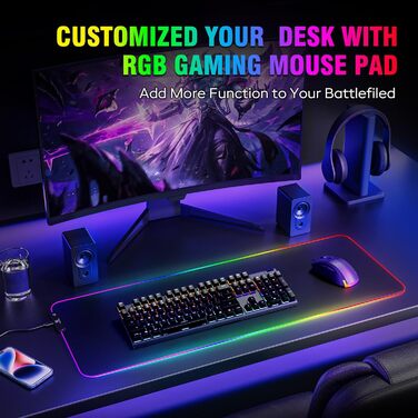 Килимок для миші гімнастичний Gimars RGB, XXL 800x300x5 мм, вологостійкий, з підсвічуванням 12 LED, чорний