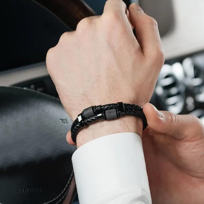 Чоловічий шкіряний браслет на магнітній застібці, з нержавіючої сталі, плетене браслет, ідеально підходить на день народження, День святого Валентина, Різдво або День батька (21 см, чорний)