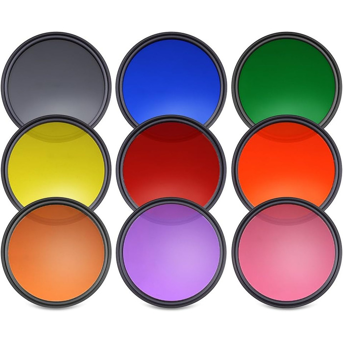 NEEWER Набір фільтрів для об'єктива 9шт, 58mm: червоний, оранжевий, синій, жовтий, зелений, коричневий, фіолетовий, рожевий, сірий. Аксесуари для камери