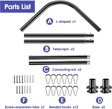 Кутова штанга для душу L-Form, регульована 68–96 см × 68–96 см, нержавіюча сталь, водонепроникна та стійка до іржі, 90 градусів, з 12 кільцями, комплект гвинтів (104-132x104-132 см, Чорний)
