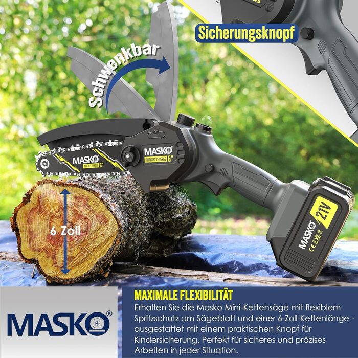 MASKO® Міні акумуляторна бензопила 800W, 6 дюймів, 8000mAh | Електрична пила з автоматичною подачею оливи | Ручна бензопила для обрізки гілок та деревини | У комплекті кейс, 2x акумулятори 4000mAh та 2 запасні ланцюги 6 дюймів, чорний/антрацит