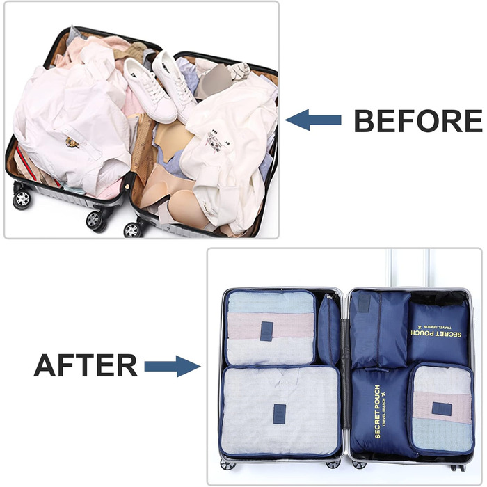 Органайзер для валізи AiQInu, набір 7 шт: кубики для пакування, органайзери для подорожей, сумки для одягу та взуття, темно-синій, одиночний