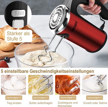 Ручний міксер Sonifer 400W з нержавіючої сталі, 5 швидкостей, Turbo-режим, тихий мотор, з набором аксесуарів (2 вінчики, 2 гаки, підставка), червоний
