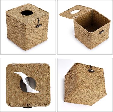 BSTKEY Household Cube, Seagrass Face Towel Box, Decorative Woven Paper Holder, Original Color, Yellow, 35.6 x 35.6 x 33 cm