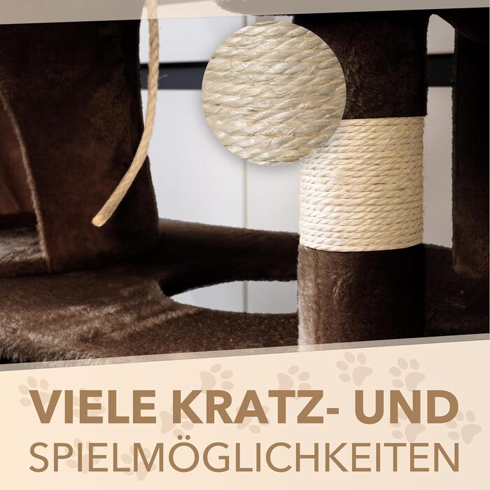 Кігтеточка для котів Foxdevil від xonic® - стабільна, багатофункціональна, з платформою, гамаком, будиночком, іграшкою, 141 см (Коричнева V1)