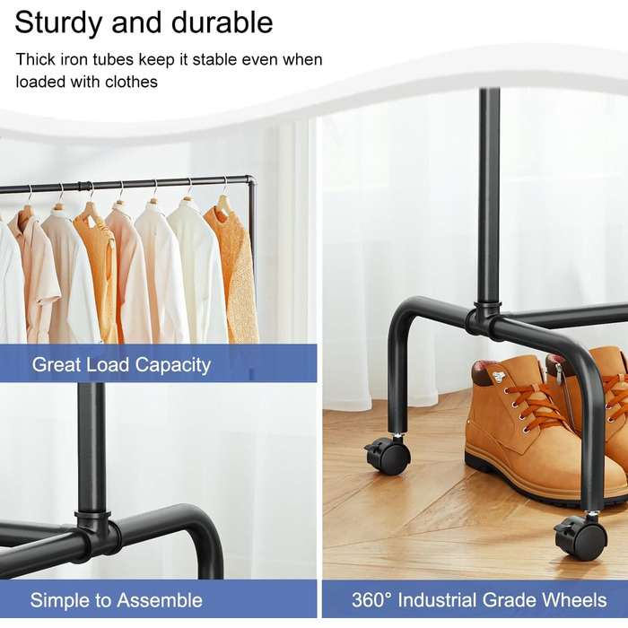 FANHAO Clothing Rack with Wheels, Industrial Heavy-Duty Pipe Clothing Rack, Rollable Garment Rack for Hanging Clothes, 250 lb (113 kg) Weight Capacity, 2 Brakes, Matte Black
