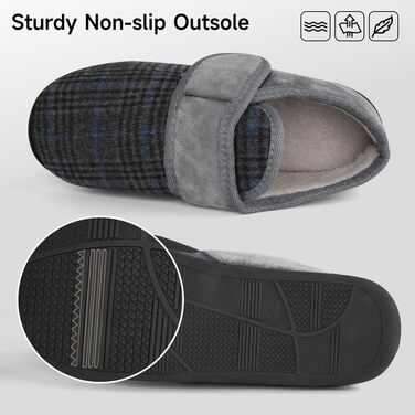 Теплі халапи для чоловіків TIESTRA з флокуванням, для діабетиків, широка нога, з фетрової в'язки, з підошвою з піною Memory Foam, з застібкою-липучкою, розмір 41-47 (Смужки сірого кольору, 46 EU)