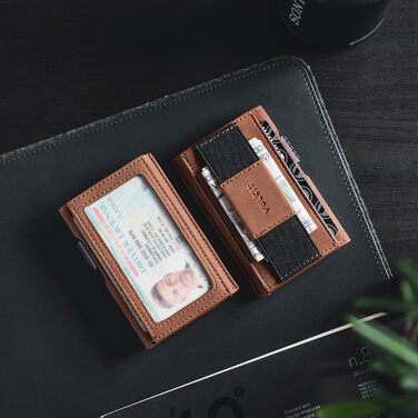 Гаманець VULKIT Leder Slim з вікном для документів та затискачем для грошей, автоматичний висувний картхолдер з алюмінію, RFID/NFC захист, коньячний колір