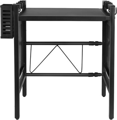 Поличка для мікрохвильової печі 3-рівнева, органайзер з гачками, розширювана, висувна (40-64см), з вуглецевої сталі (чорна, з перфорованим листком, 42-68*36*46см)