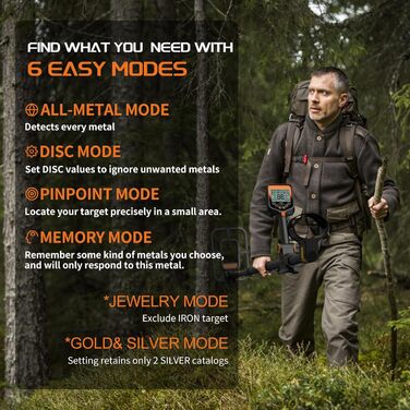 Металошукач для дорослих - акумуляторний, складаний, водонепроникний, з лопатою, рюкзаком, навушниками, професійний дизайн з LCD-дисплеєм (блакитне підсвічування), помаранчевий