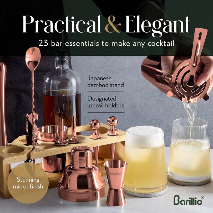 Набір шейкерів Barillio Elite для коктейлів, 23 шт., нержавіюча сталь, бамбуковий підставник, чорний, з рецептами