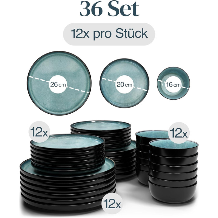 Набір посуду з каменю 12 осіб Ibiza 36 предметів, Переможець тесту, Набір посуду Pure Living Petrol 36 предметів, для 12 осіб