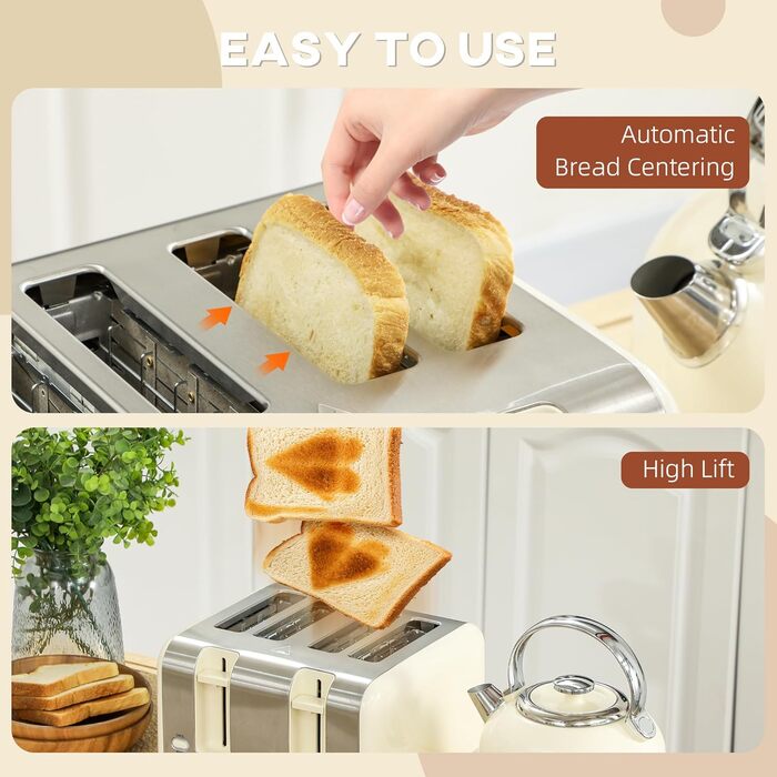 Набір HOMCOM: чайник та тостер 2200 Вт, нержавіюча сталь, 1,7 л, 4-х тостовий, 7 рівнів підсмажування, розморожування, підігріву, зйомний піддон для крихт