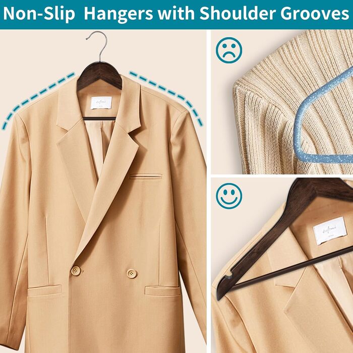 ABHENG Clothes Hangers, Wood, 20 Pieces, Wooden Hangers with Non-Slip Trouser Bar and 360° Swivel Hook, Shoulder Notches, Made from Natural Wood, Dark Walnut Color, AWY0320H