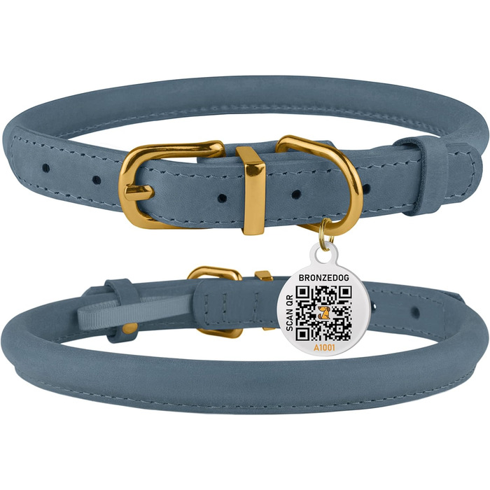 Нашийник для собак BRONZEDOG з шкіри, з QR-ID тегом, регульований, м'який, круглий, для собак маленьких, середніх та великих порід, цуценят та котів (28-36 см) (Denim, 23-28 см)