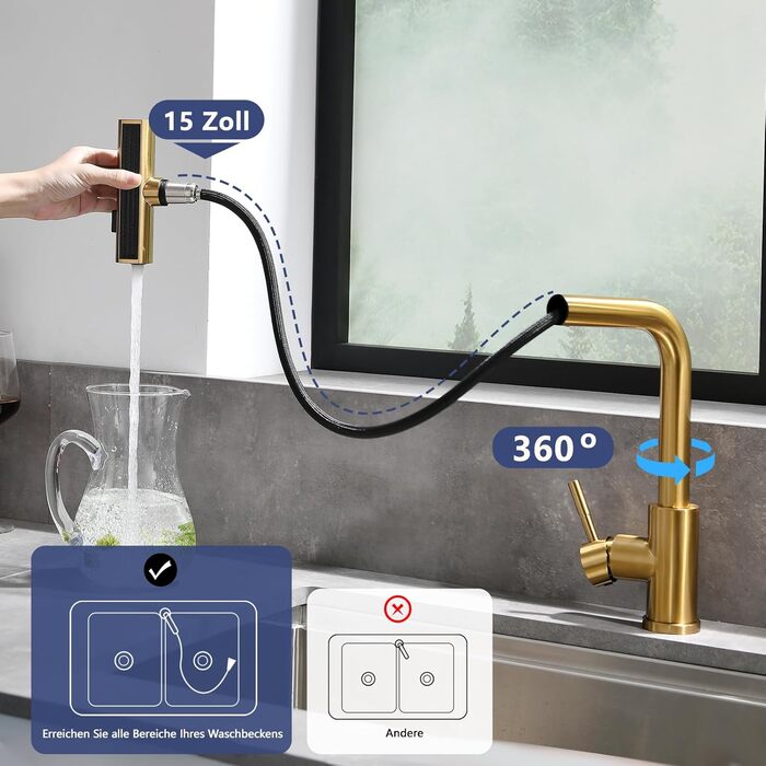 Кухонний змішувач AIMADI висувний, чорний, з 3-х режимною лійкою та 38 см шлангом, однорідний, для холодної та гарячої води, підходить для раковини та кухонного острова. Змішувач для кухні з водоспадом, чорний.